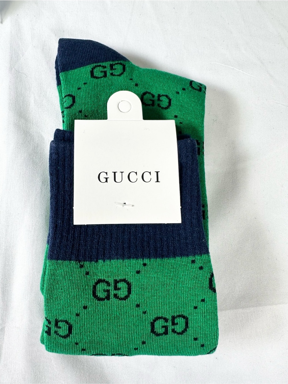 Fashion Luxury Emerald Green/Navy GG Pattern Crew Socks “17 cuff to toe (Unisex)